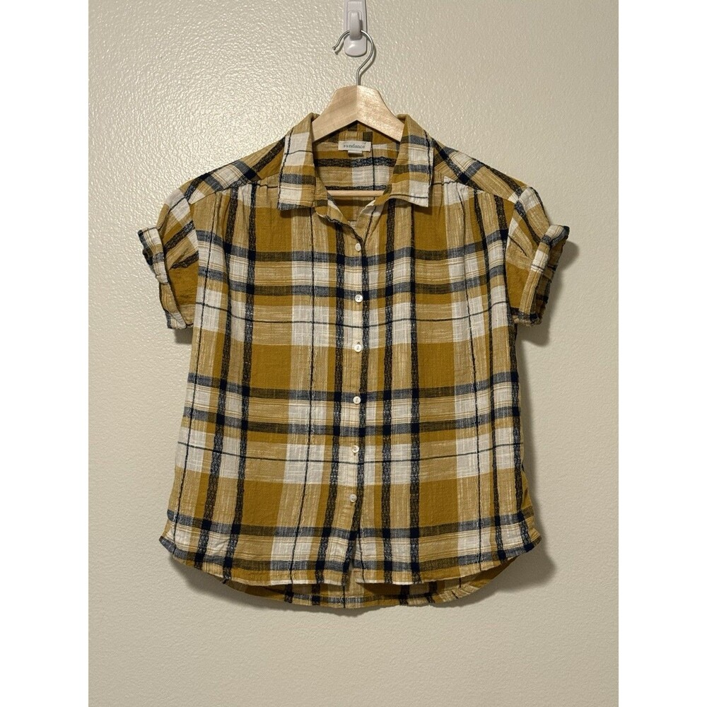 Sundance Womens Gia Plaid Shirt Petite Small Button Front Preppy Cotton Yellow